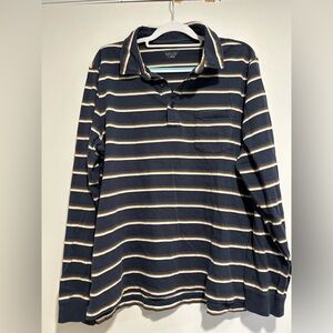 LL Bean Mens Sz: L Reg Long Sleeve Striped Polo Shirt Slightly Fitted Navy Blue.
